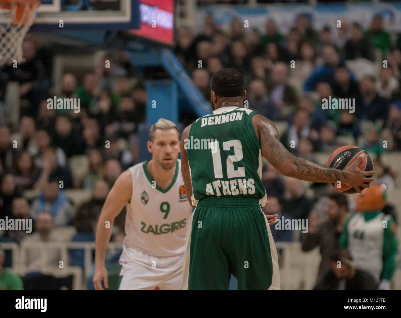 Januar 25, 2018 - Athen, Griechenland - Marcus Denmon der Superfoods Panathinaikos Athen in Aktion während der 2017/2018 Turkish Airlines EuroLeague Saison Runde 20 Spiel zwischen Panathinaikos Athen und Superfoods Zalgiris Kaunas auf Olympic Sports Center. (Bild: © ioannis Alexopoulos/SOPA über ZUMA Draht) Stockfoto