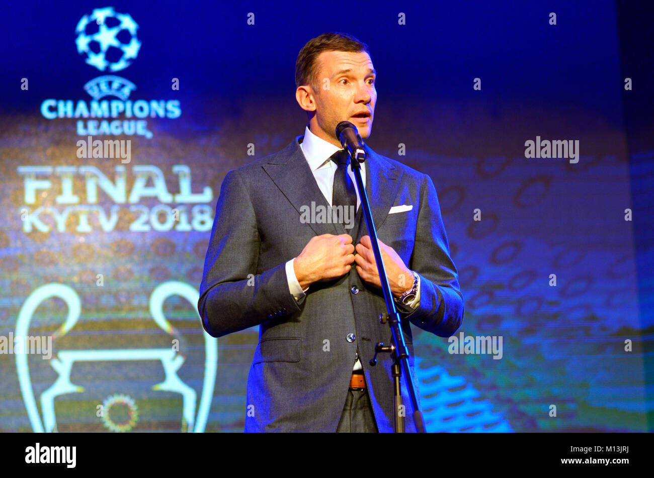 Andrej Schewtschenko, Fußball Spieler und Manager während der Präsentation des Logos und Tassen für das Endspiel der UEFA Champions League. 12. Dezember 2017. Kiew, Ukraine Stockfoto