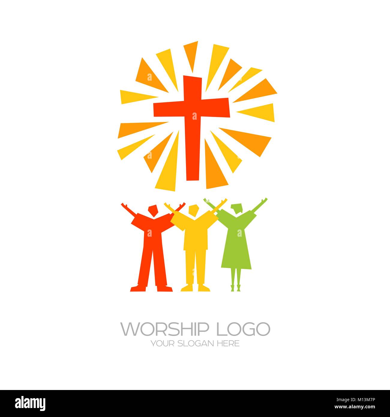 Musik Logo. Christliche Symbole. Diejenigen, die an Jesus glauben, singen ein Lied der Verherrlichung des Herrn Stock Vektor