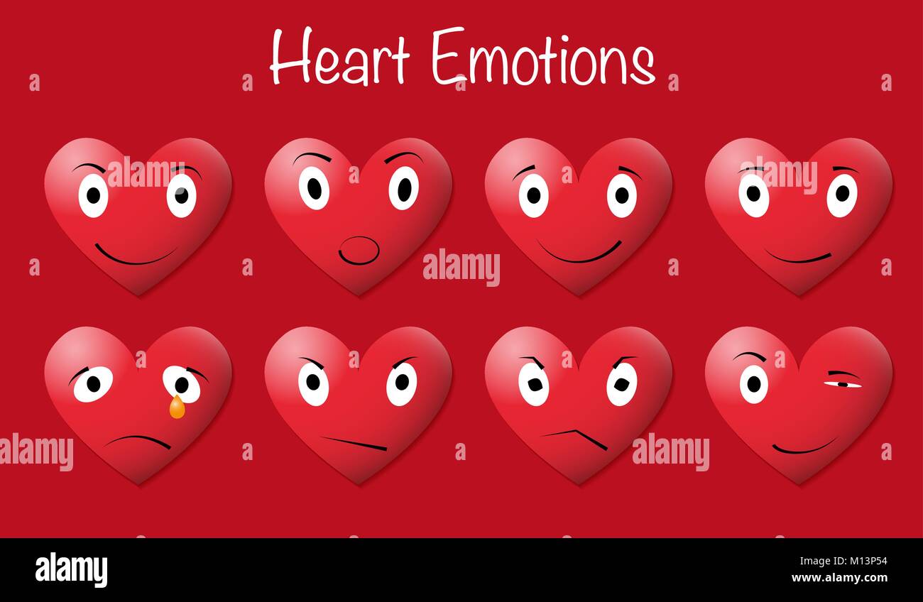 Acht herzen Emoticons mit verschiedenen Ausdruck auf rotem Hintergrund Stock Vektor
