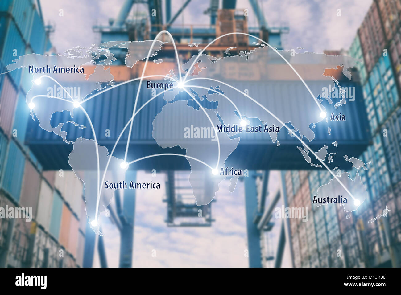 Netzwerkverbindung Partnerschaft Logistik und Weltkarte mit Port in Verbindung background.Network Logistik Technologie Konzept (Elemente dieses Bild Stockfoto