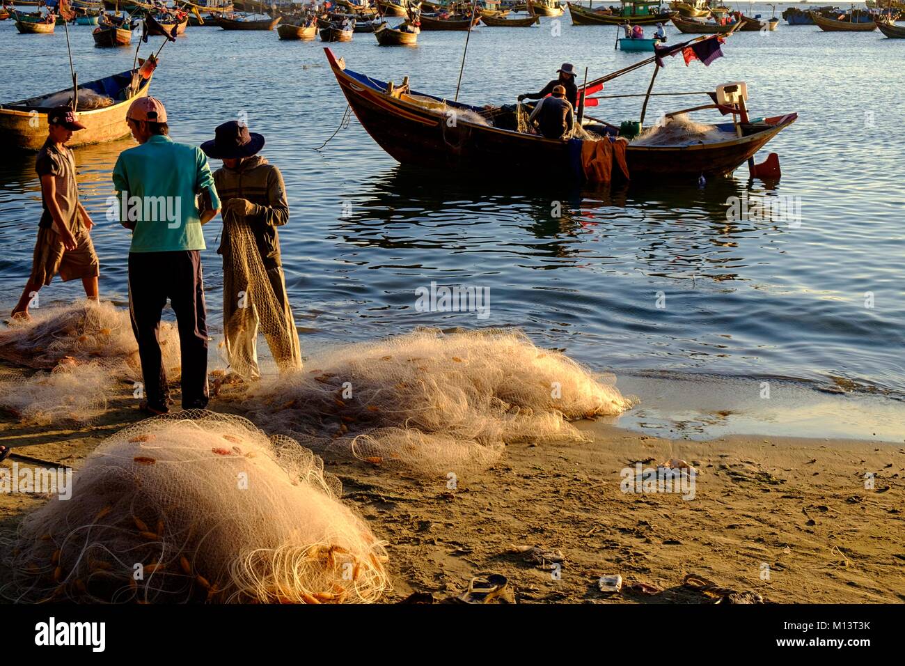 Vietnam, Mui Ne, Fischer wifes Sortierung Fische vor der Fischerhafen Stockfoto