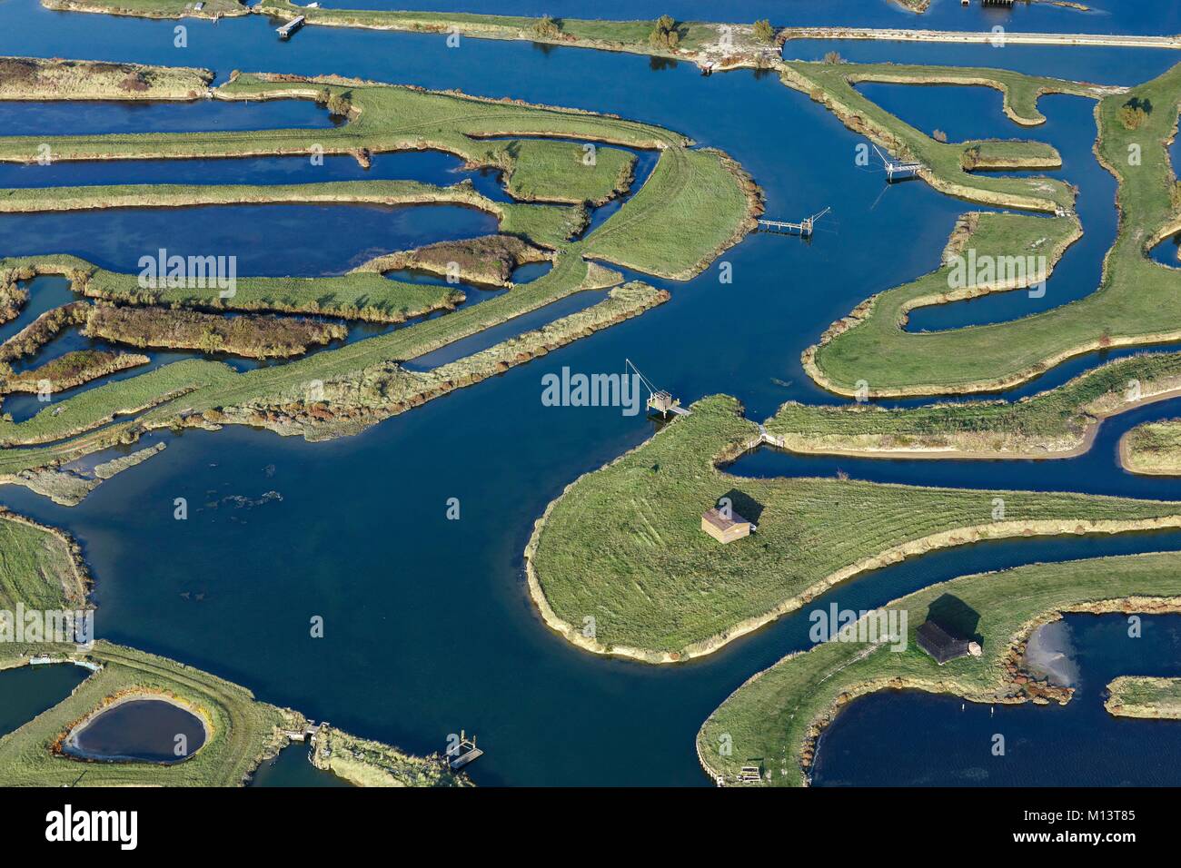 Frankreich, Vendee, L'Île-d'Olonne, Fischerei auf der Verton Fluss in Olonne Sümpfe (Luftbild) Stockfoto
