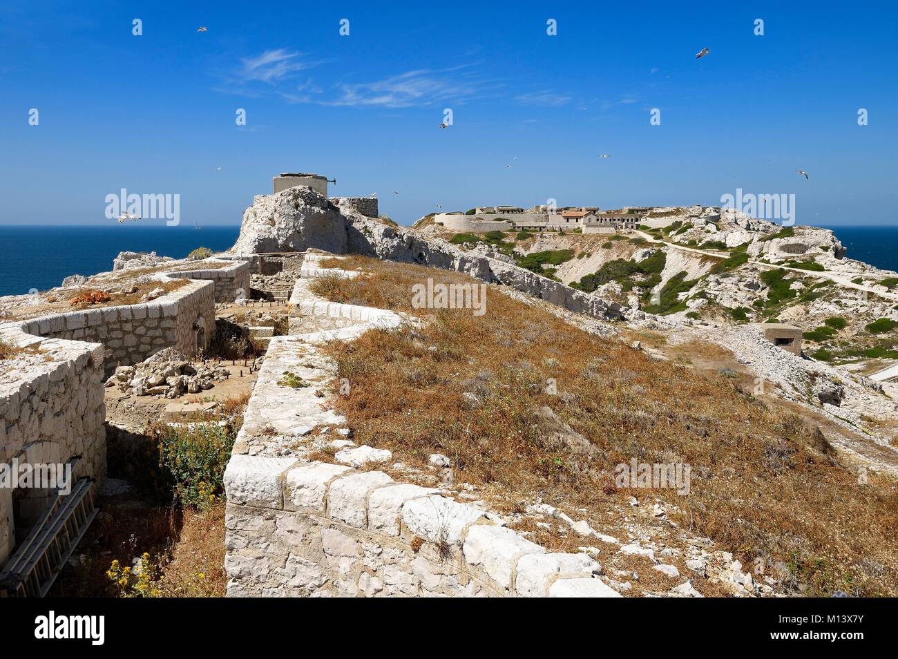 Frankreich, Bouches-du-Rhone, Marseille, Calanques Nationalpark, Archipel von Frioul-inseln, Pomegues Insel, französische Batterie der Semaphore (1880-1883) Stockfoto