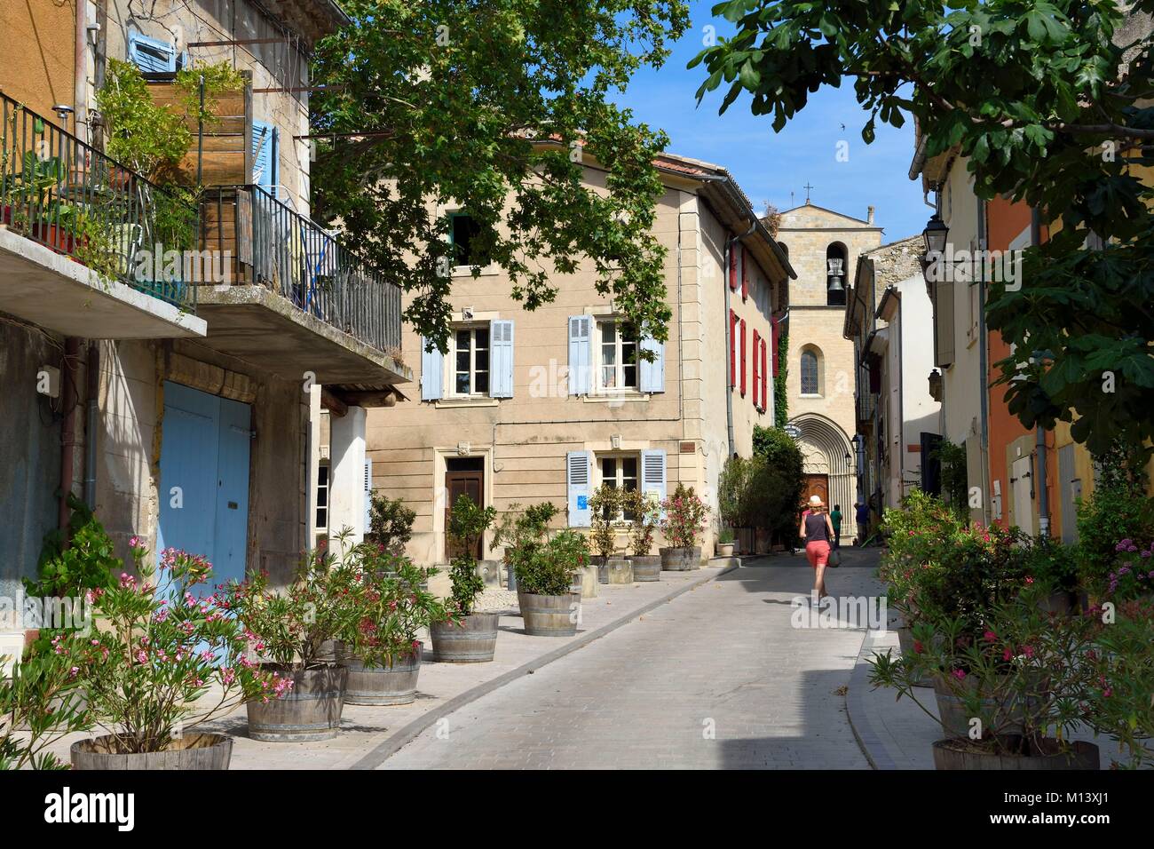 Frankreich, Vaucluse, Parc Naturel Regional du Luberon (Regionalen Naturpark Luberon), Cucuron, beschriftet Les Plus beaux villages de France (Schönste Dörfer Frankreichs), Straße zur Kirche Notre Dame de Beaulieu Stockfoto