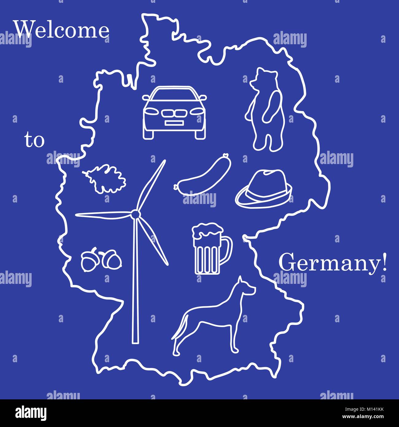 Vector Illustration mit verschiedenen Symbolen in Deutschland. Reisen und Freizeit. Design für Banner, Poster oder Drucken. Stock Vektor
