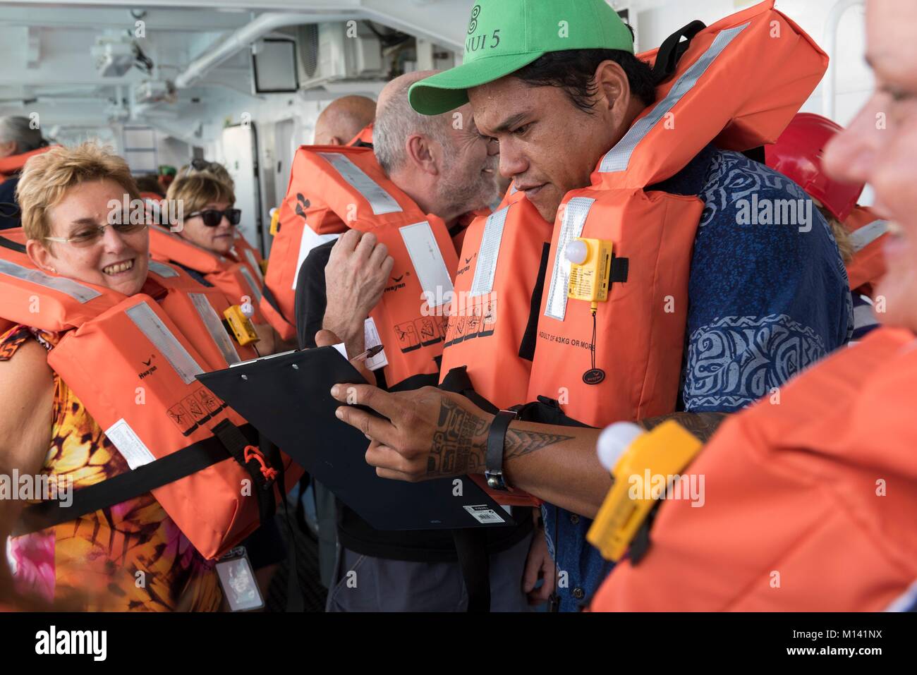Frankreich, Französisch Polynesien, Gesellschaft Inseln, Insel Tahiti, Papeete, Kreuzfahrt an Bord der Aranui 5, Evakuierungsübung Stockfoto