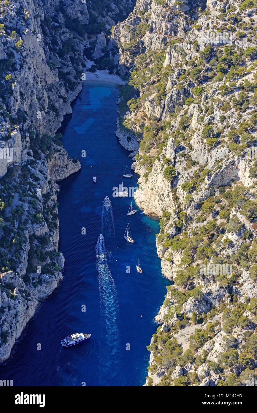 Frankreich, Bouches-du-Rhone, Calanques Nationalpark, Marseille, Calanque d'En Vau (Luftbild) Stockfoto