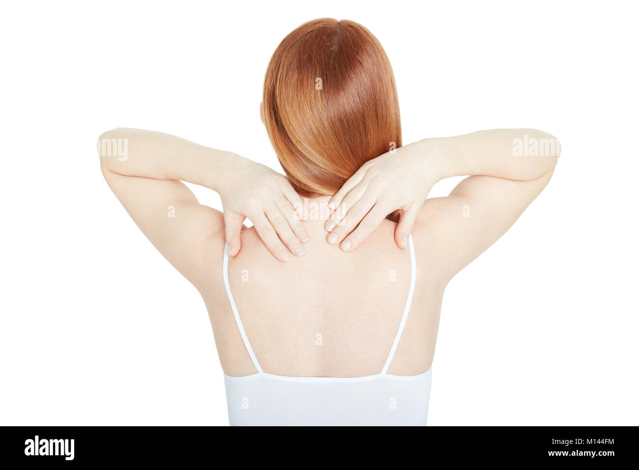 Junge Frau mit Nackenschmerzen auf weissem, Beschneidungspfade isoliert Stockfoto