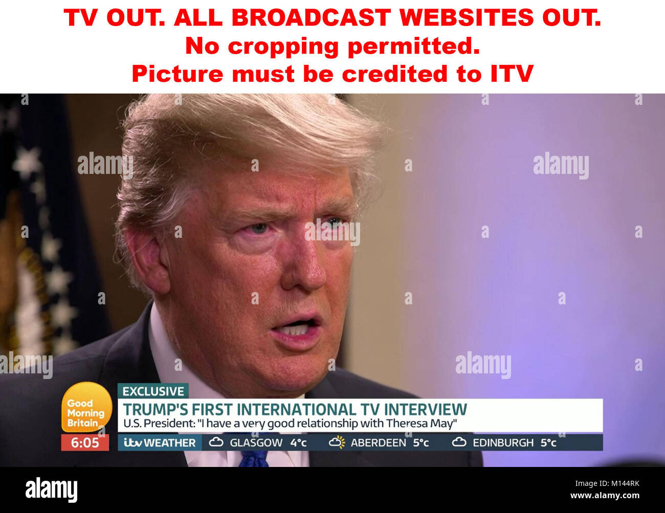 TV-OUT. Alle BROADCAST WEB SITE HERAUS. Kein Zuschneiden erlaubt. Bild muss auf ITV gutgeschrieben. Wir werden darauf hingewiesen, dass videograbs sollte nicht mehr als 48 Stunden nach dem Zeitpunkt der ursprünglichen Übertragung genutzt werden, ohne die Zustimmung des Inhabers des Urheberrechts. Video Grab von Itv von US-Präsident Donald Trump getroffen werden, die von ITV Guten Morgen Großbritannien presenter Piers Morgan interviewt. Stockfoto