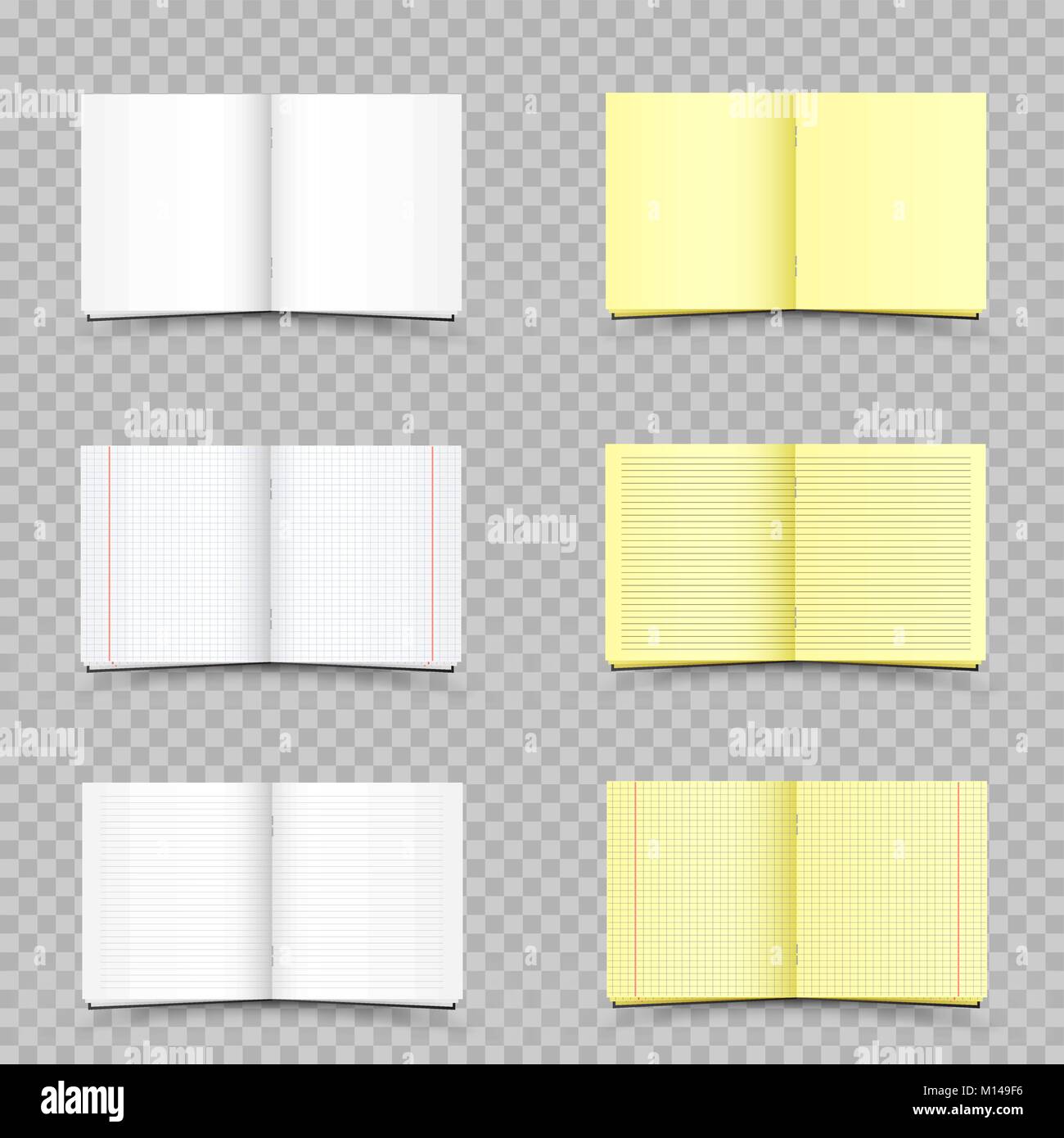 Weiß und Gelb Schule in einem Lineal und in einer Zelle Notizblöcke mit Schatten auf transparentem Hintergrund gesetzt. Student copybook Vorlage. Hausaufgaben Übung zuvorzukommen. Stock Vektor