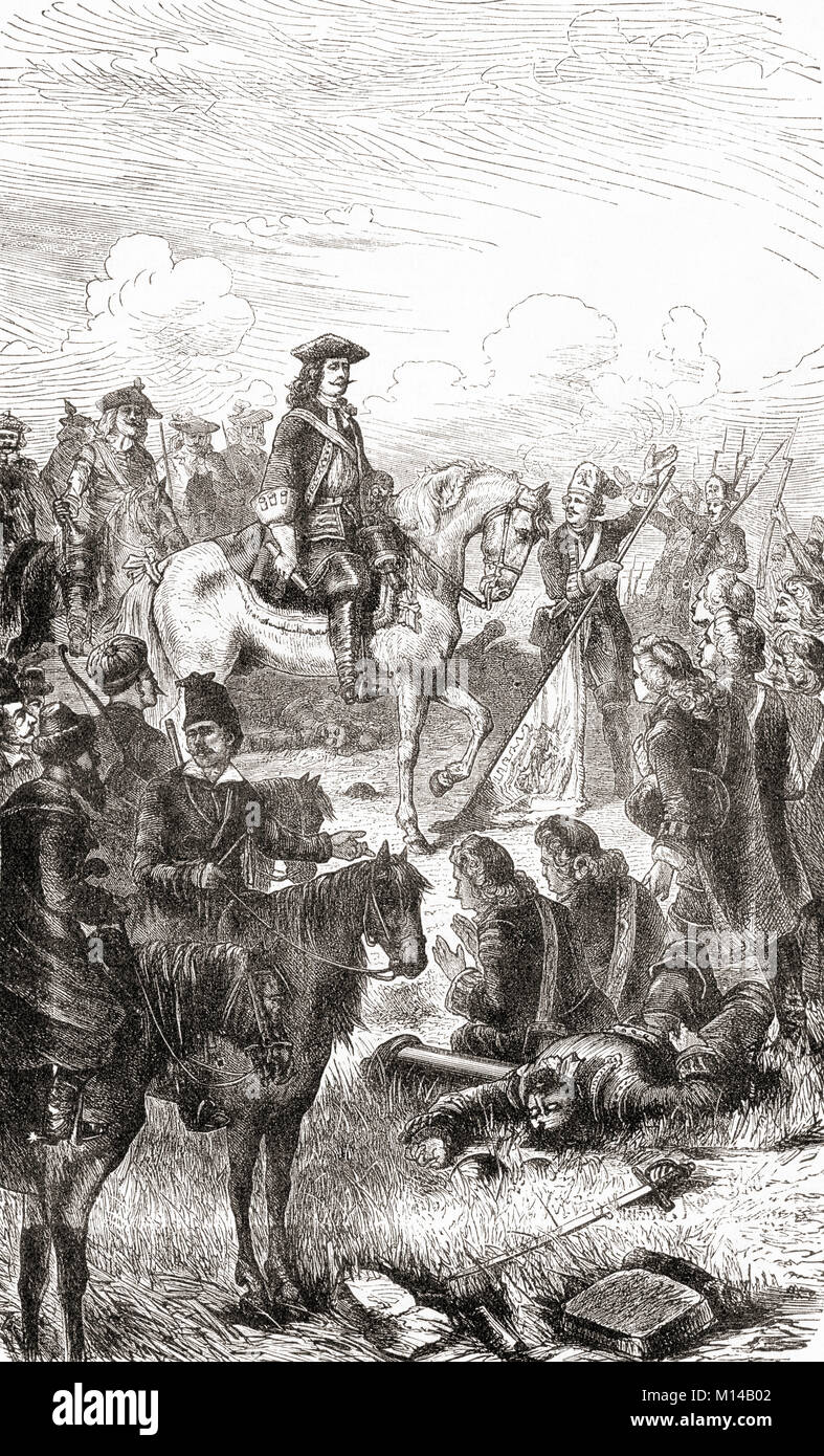 Peter I. in der Schlacht von Poltawa, 1709. Peter der Große, alias Peter I., 1672 - 1725. Herrscher des Zarenreiches von Russland und später des russischen Reiches. Von Station und Lock's illustrierte Geschichte der Welt, veröffentlicht C 1882. Stockfoto