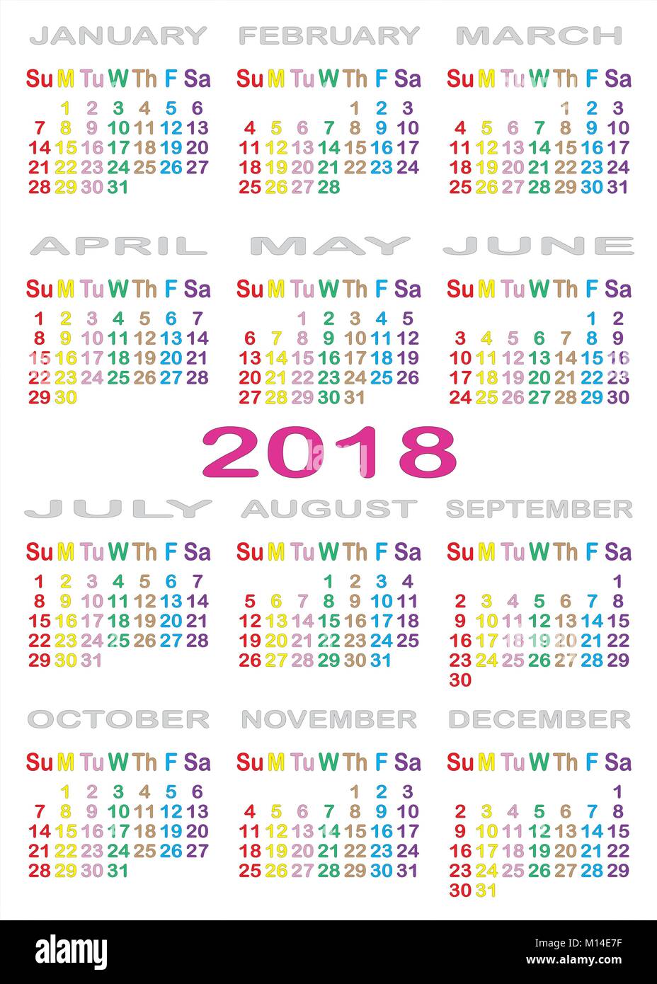 Kalender 2018 auf weißem Hintergrund mit spezifischen Farbe für jeden Tag der Woche GETRENNT Stock Vektor