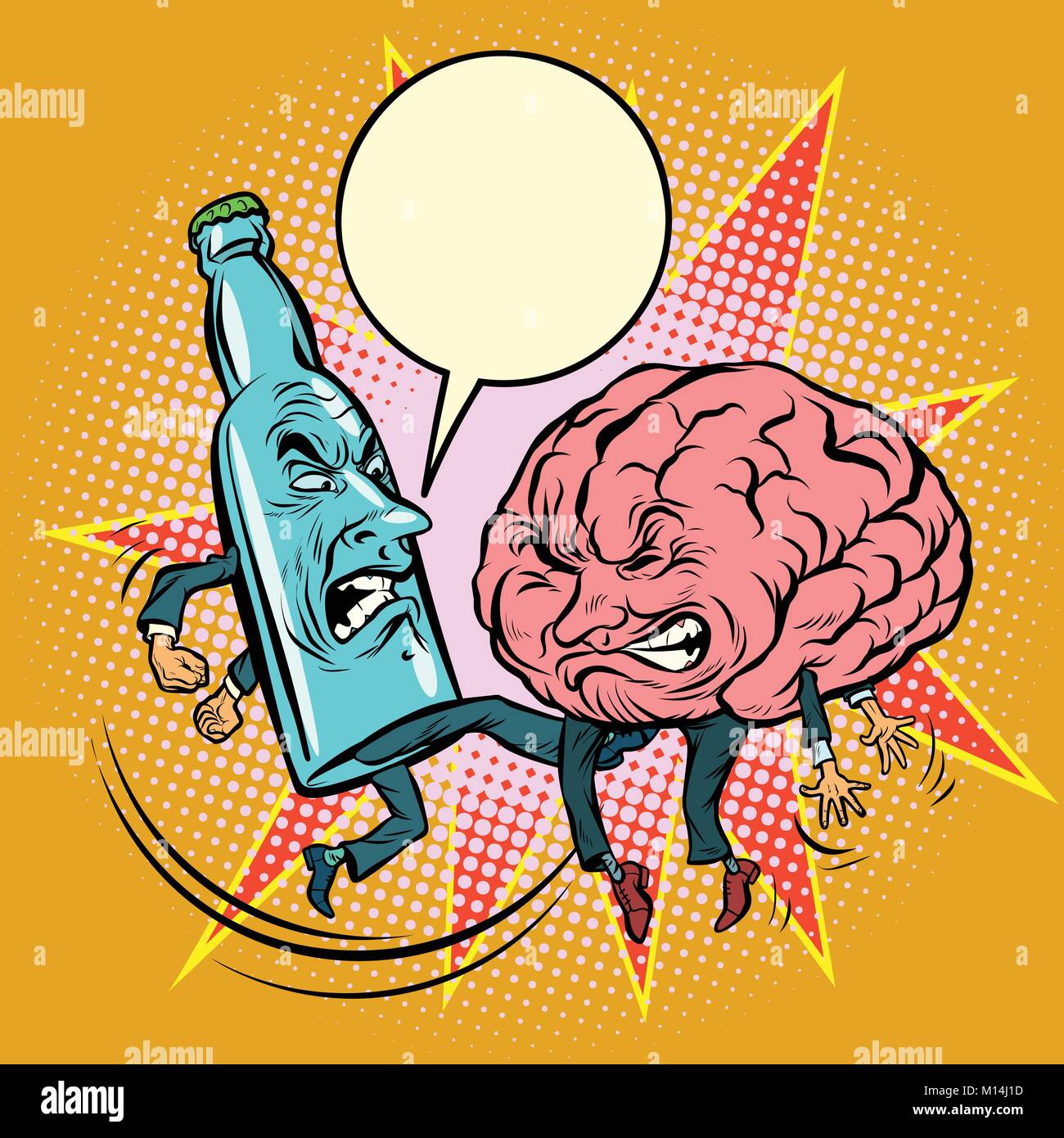 Alkohol versus Intelligenz, eine Flasche beat das Gehirn. Comic cartoon Pop Art Illustration retro Zeichnung Stock Vektor