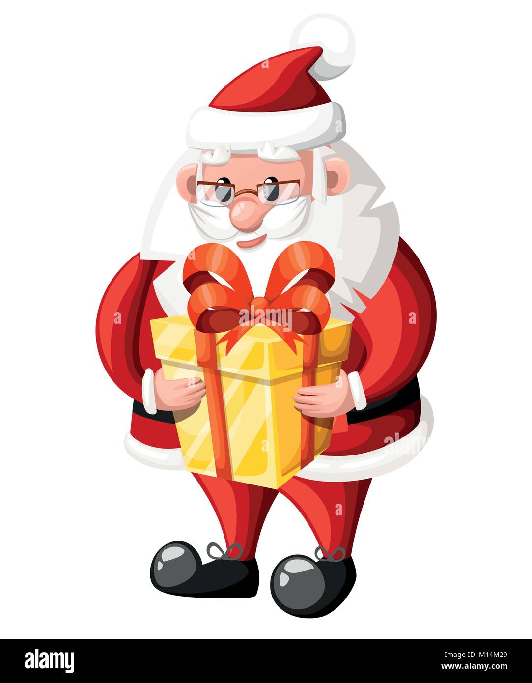 Santa Claus halten goldenen Geschenkkarton mit roter Schleife Vector Illustration auf weißem Hintergrund Webseite und mobile App Design isoliert Stock Vektor
