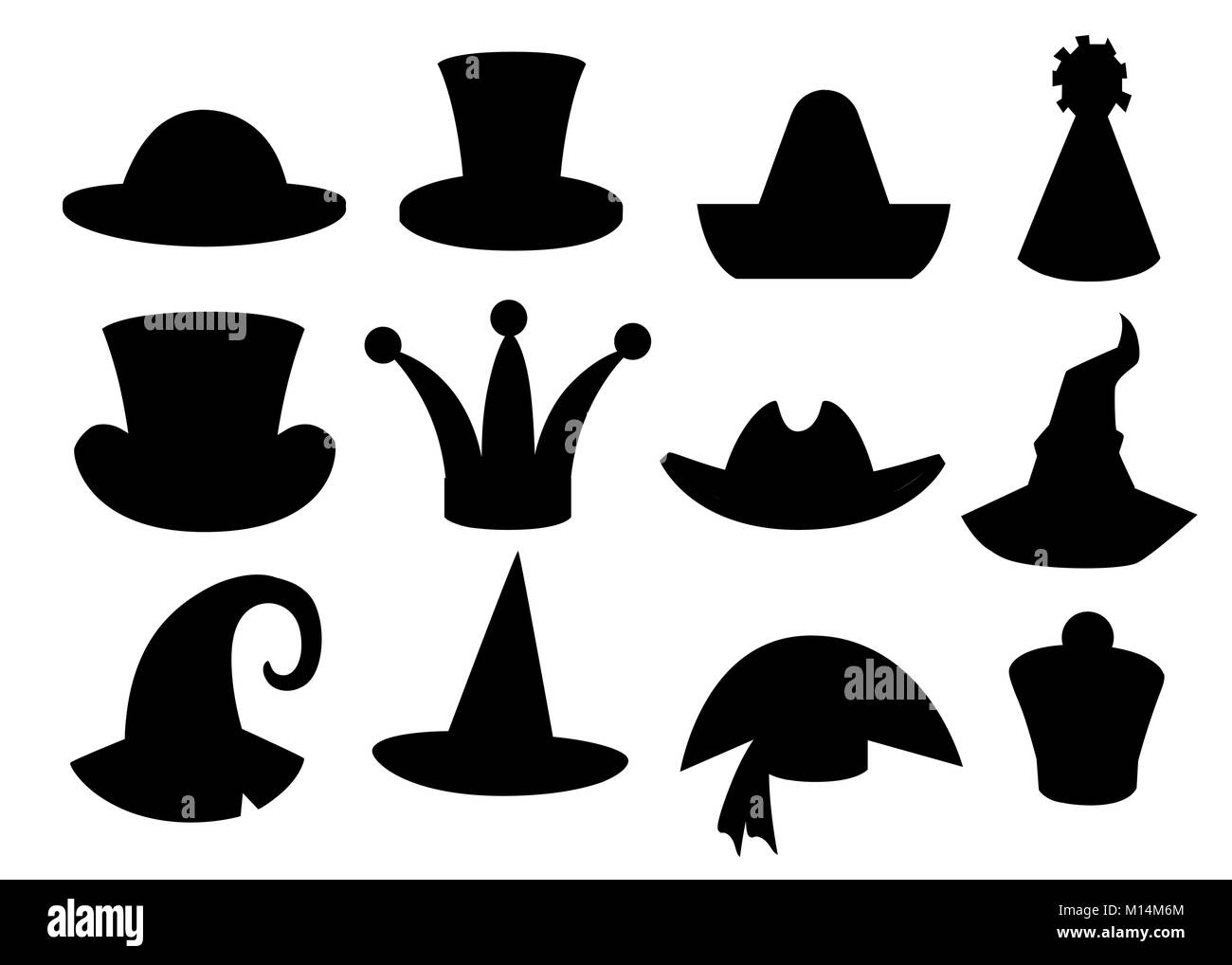 Fun Karneval festliche Sammlung der netten Feier und Verkleidung Hut schwarze Silhouette Vector Illustration auf weißem Hintergrund Webseite und mobile App Design isoliert Stock Vektor