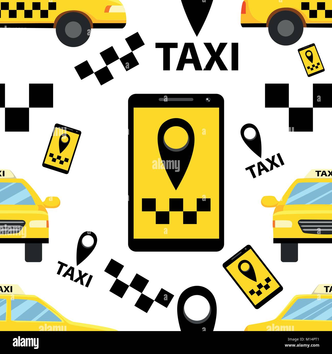 Nahtlose Muster der Taxi Service smartphone Logo und Auto Vector Illustration auf weißem Hintergrund Webseite und mobile App Design. Stock Vektor