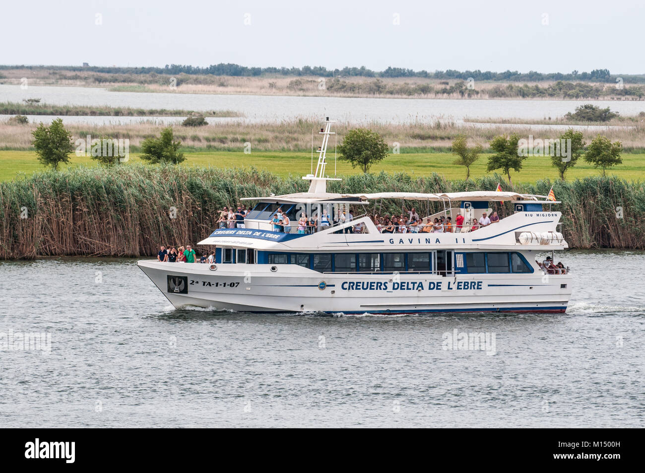 Boot auf dem Fluss Ebro mit Touristen, Ebro Delta, Tarragona, Katalonien, Spanien Stockfoto