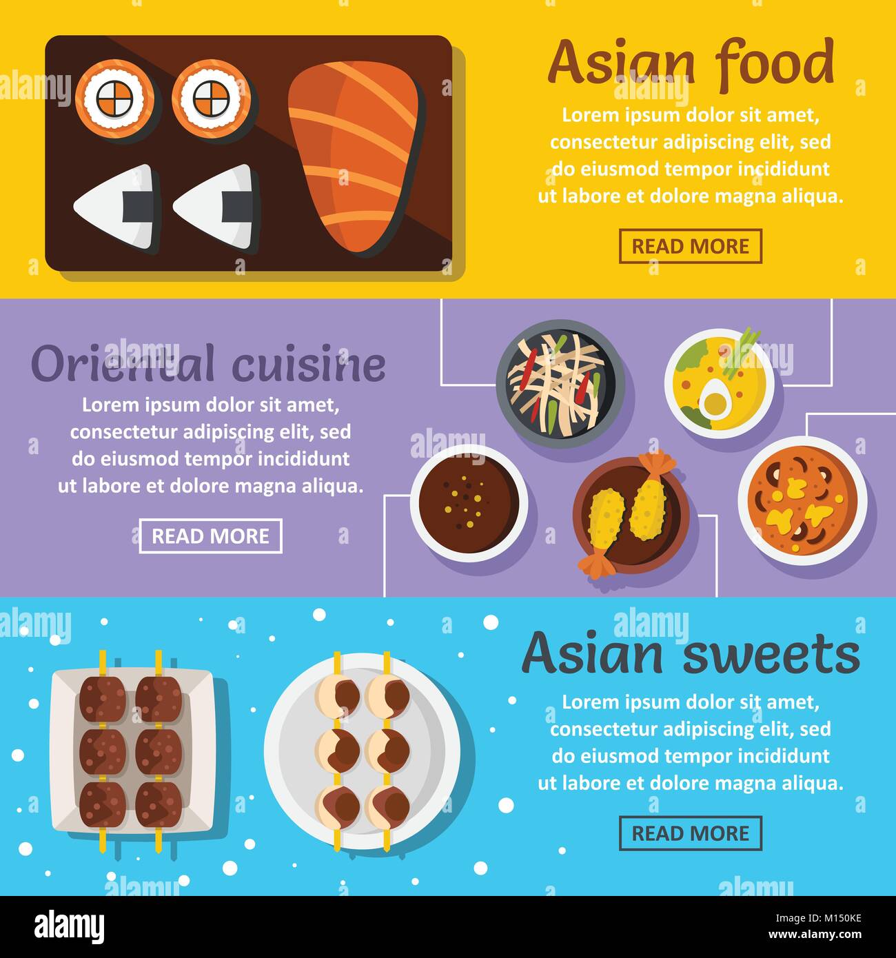 Asiatische Lebensmittel banner horizontal, flacher Stil Stock Vektor