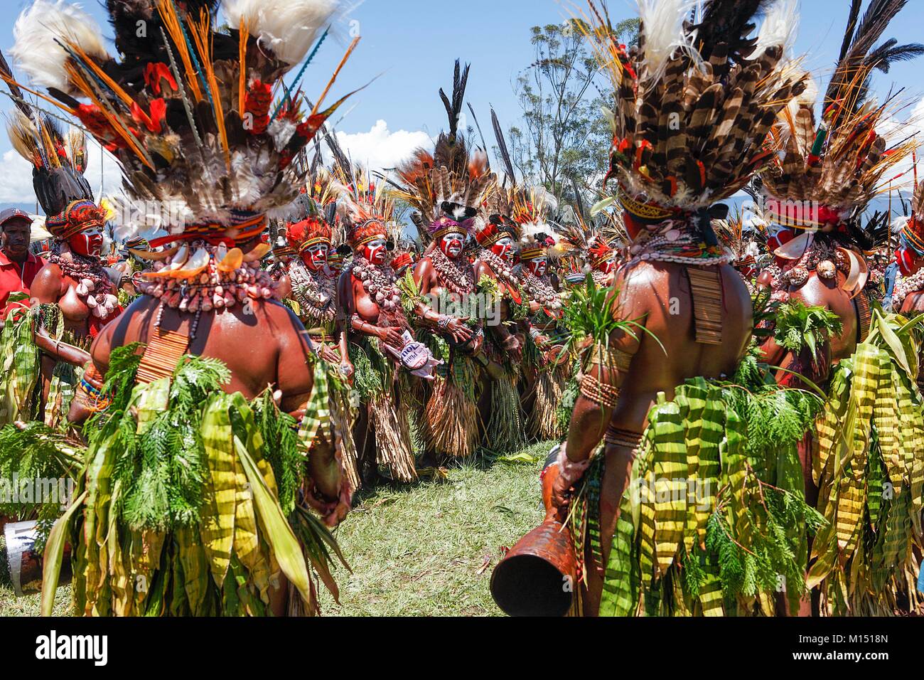 Papua-neuguinea, Frauen der Westlichen Hochland im Singen - Singen von Mount Hagen, Die Schalen wurden an der Küste von Papua gekauft, die Kopfbedeckungen aus Federn von Parrot, Adler, Paradiesvögel, die Organe und das Laub ist mit einem Öl von einem Baum gezeichnet beschichtet, auf der Brust, ein Kina-Shell, ein Zeichen von Wohlstand, die Kina - Tanks wurden verwendet, um die Braut zu bezahlen, die Kina-Shell (Seashell, dass sein Geld wert ist, Kina in Papua) zeigt den Reichtum der Familie oder dient der Braut zu zahlen Stockfoto