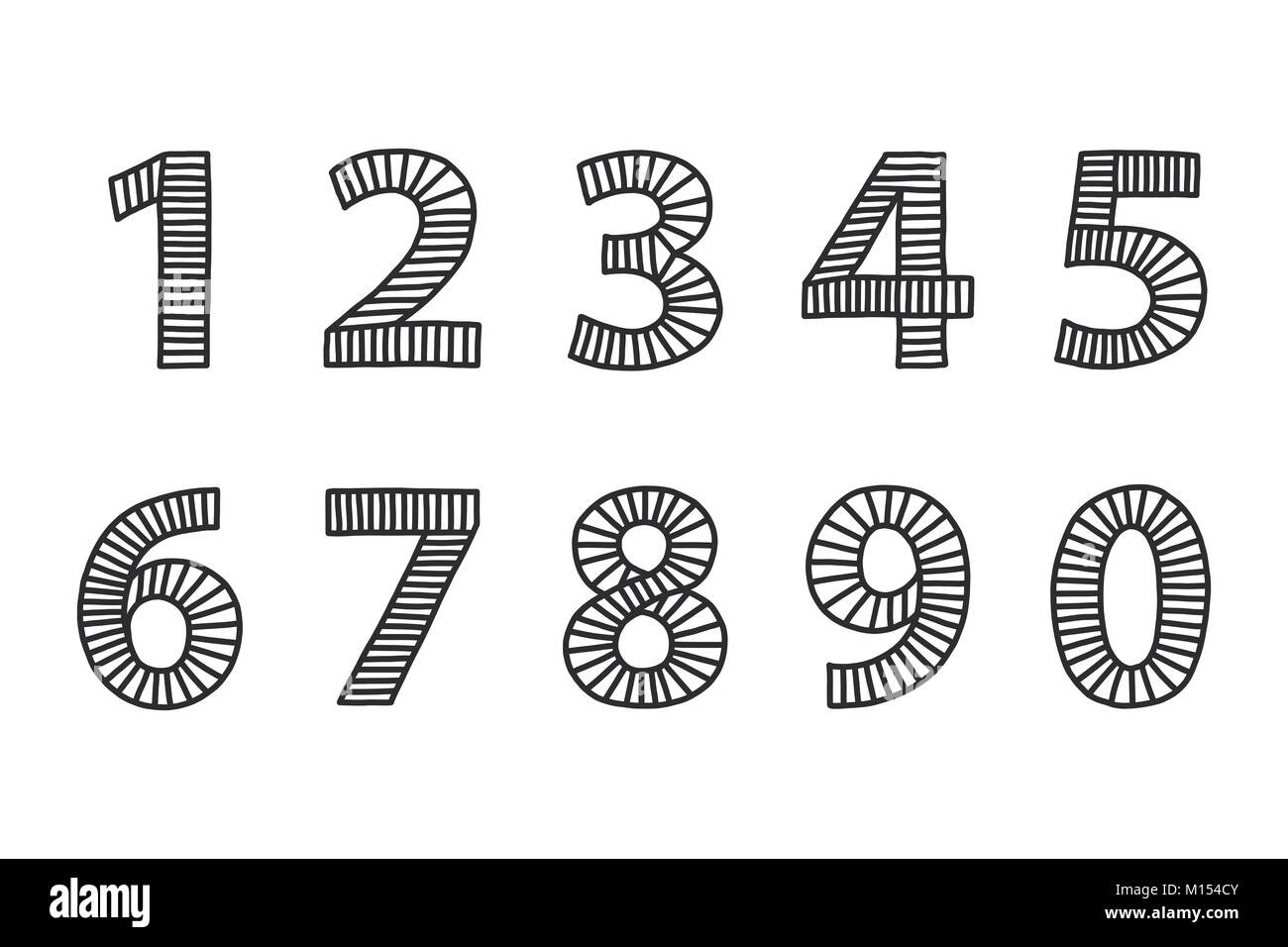 Freehand Zahlen von eins bis null gezogen. In schwarzen Umrissen, mit Linien in gleichmäßigen Abständen gefüllt. Lose aussehen. Abbildung. Stockfoto