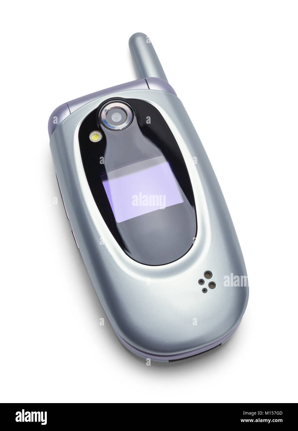 Alte Vintage Grau Flip Phone Vorderansicht isoliert auf einem weißen Hintergrund. Stockfoto