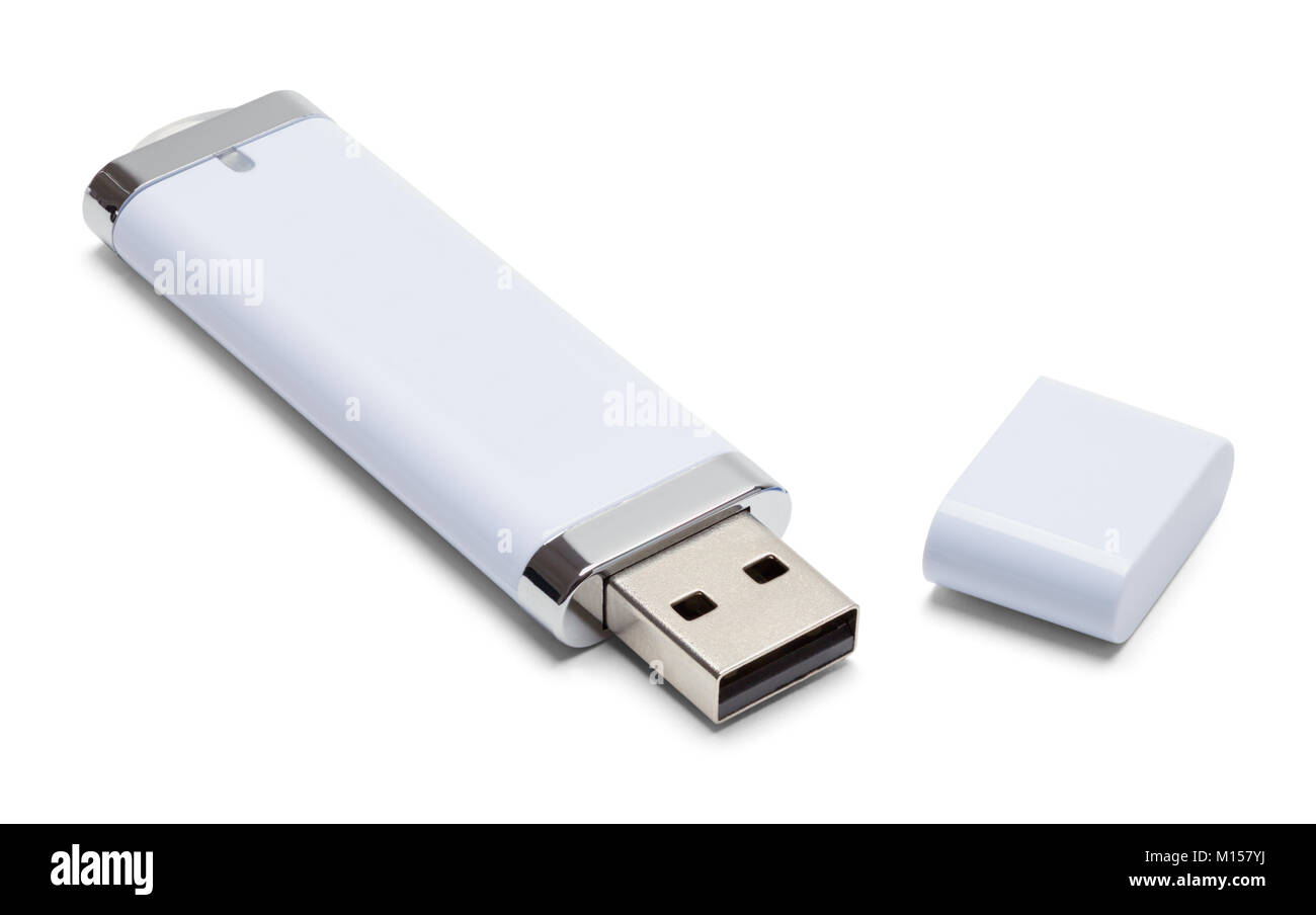 USB-Stick und Kappe isoliert auf einem weißen Hintergrund. Stockfoto