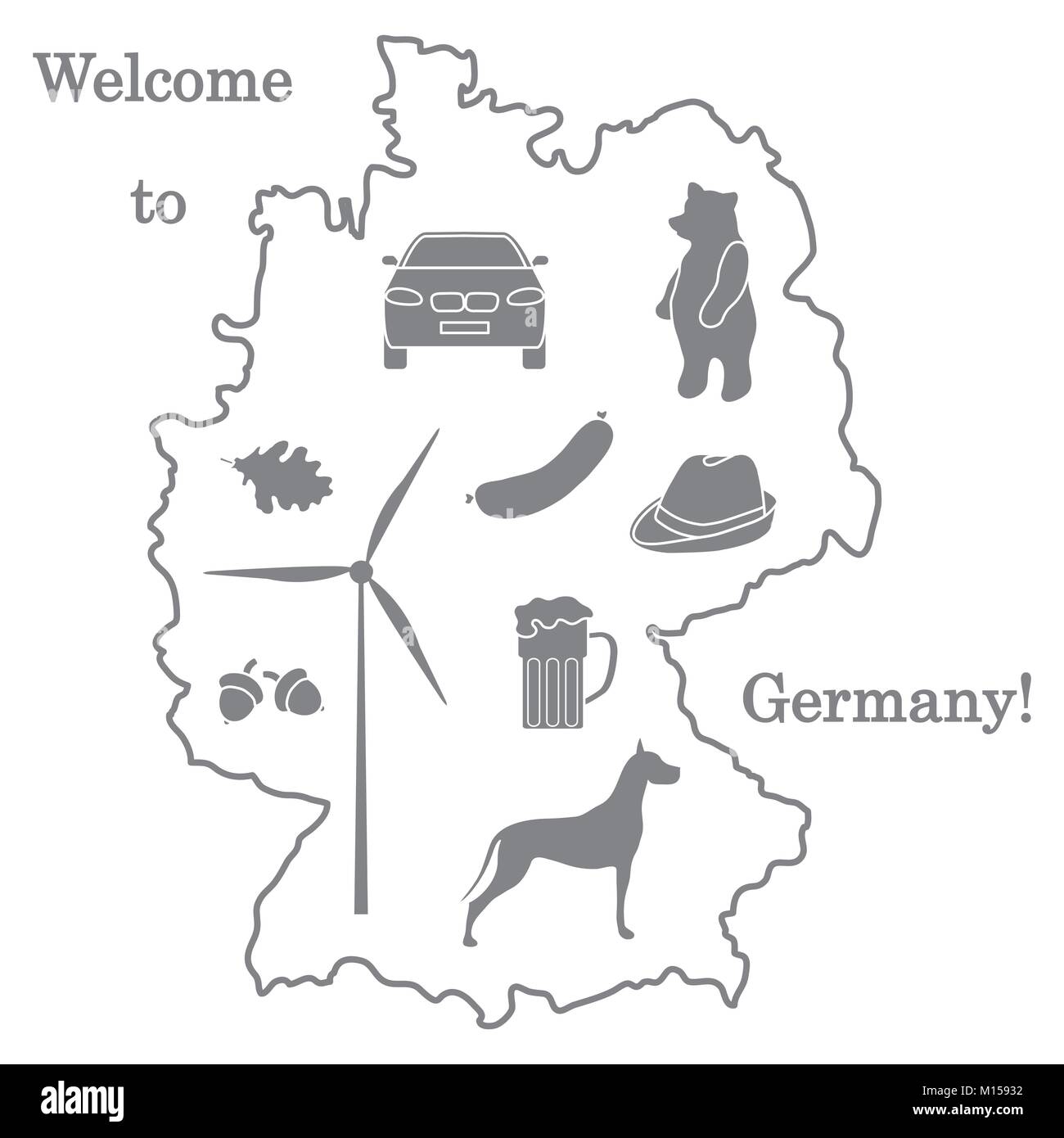 Vector Illustration mit verschiedenen Symbolen in Deutschland. Reisen und Freizeit. Design für Banner, Poster oder Drucken. Stock Vektor