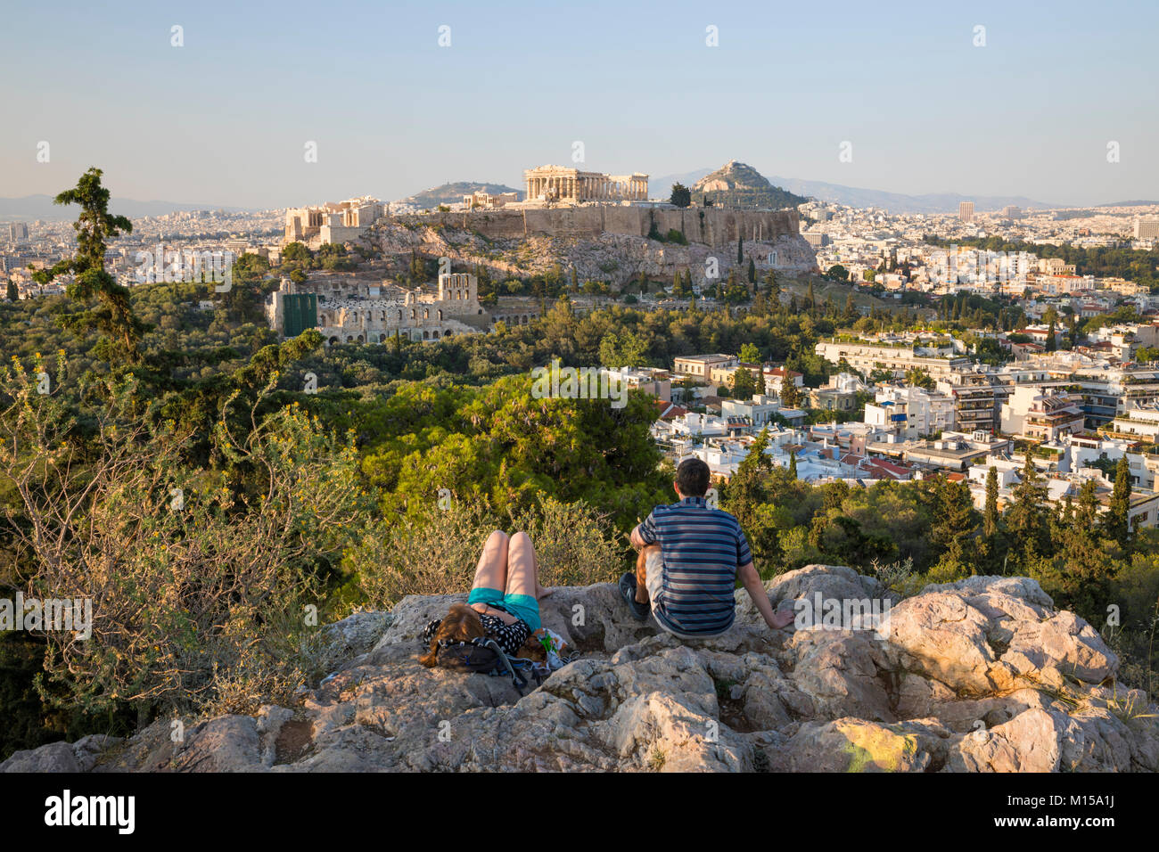 Blick auf die Akropolis von Philopappos Hügel, Athen, Griechenland, Europa Stockfoto