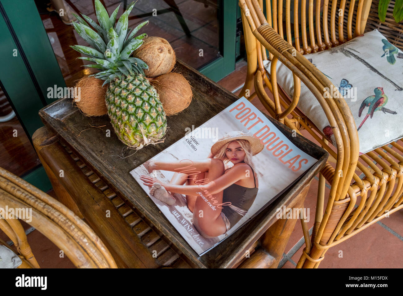 Urlaub Szene mit Magazin, und Früchte Ananas, Port Douglas, Queensland, Australien Stockfoto