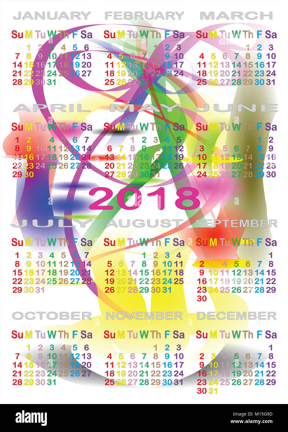 Kalender 2018 auf weißem Hintergrund mit spezifischen Farbe für jeden Tag der Woche von morgen träumen Abbildung getrennt Stockfoto