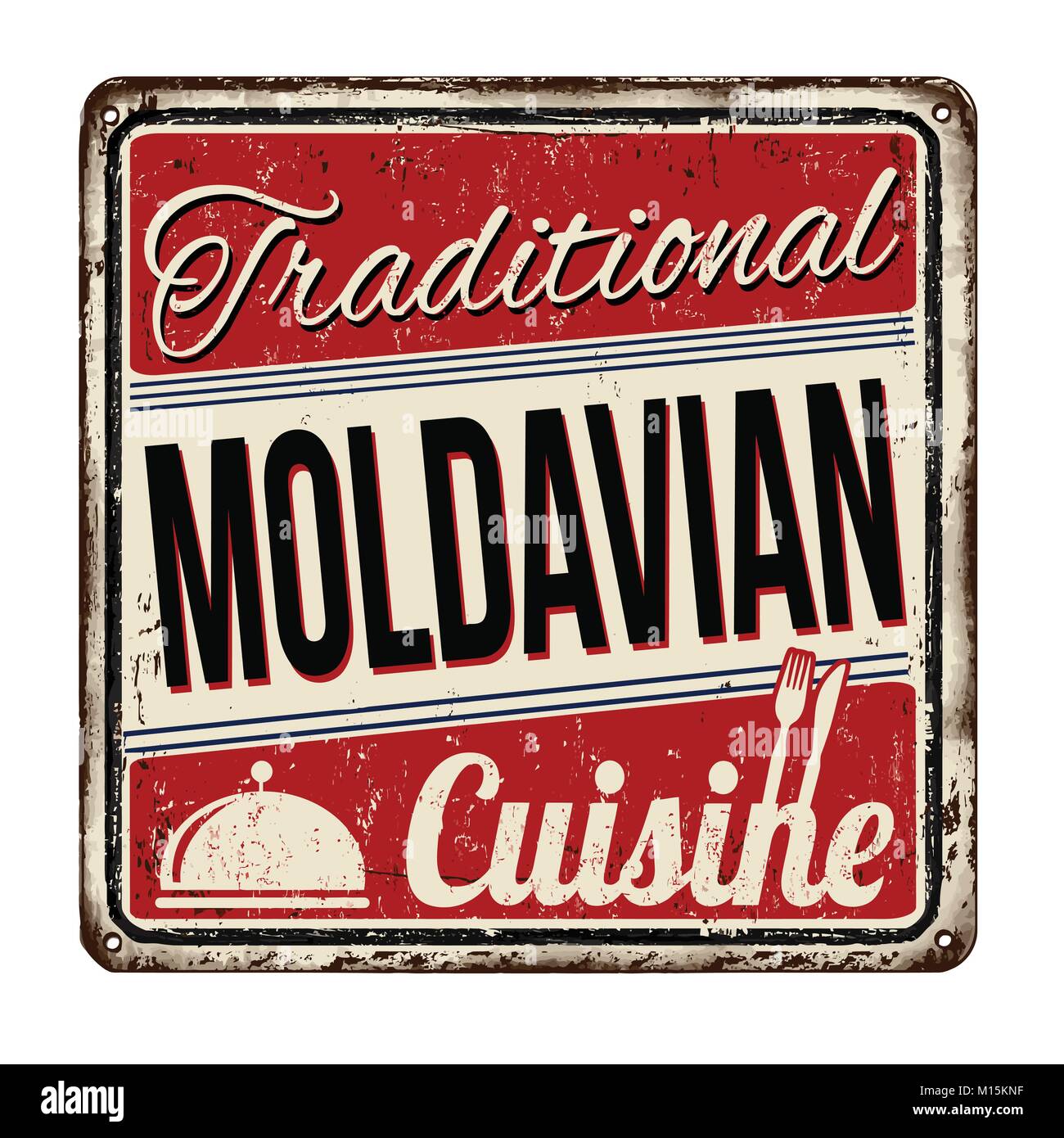 Traditionelle moldawische Küche vintage rostiges Metall Zeichen auf weißem Hintergrund, Vector Illustration Stock Vektor