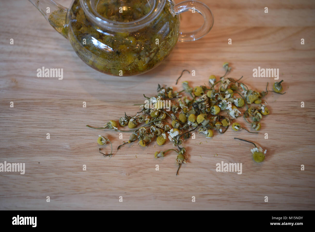 Trinken Fotografie eines heißen Frische, gesunde Kamille oder Kamille Tee in eine Teekanne aus Glas mit frischen Blumen Blätter auf einem hellen Holz Tisch Hintergrund Stockfoto