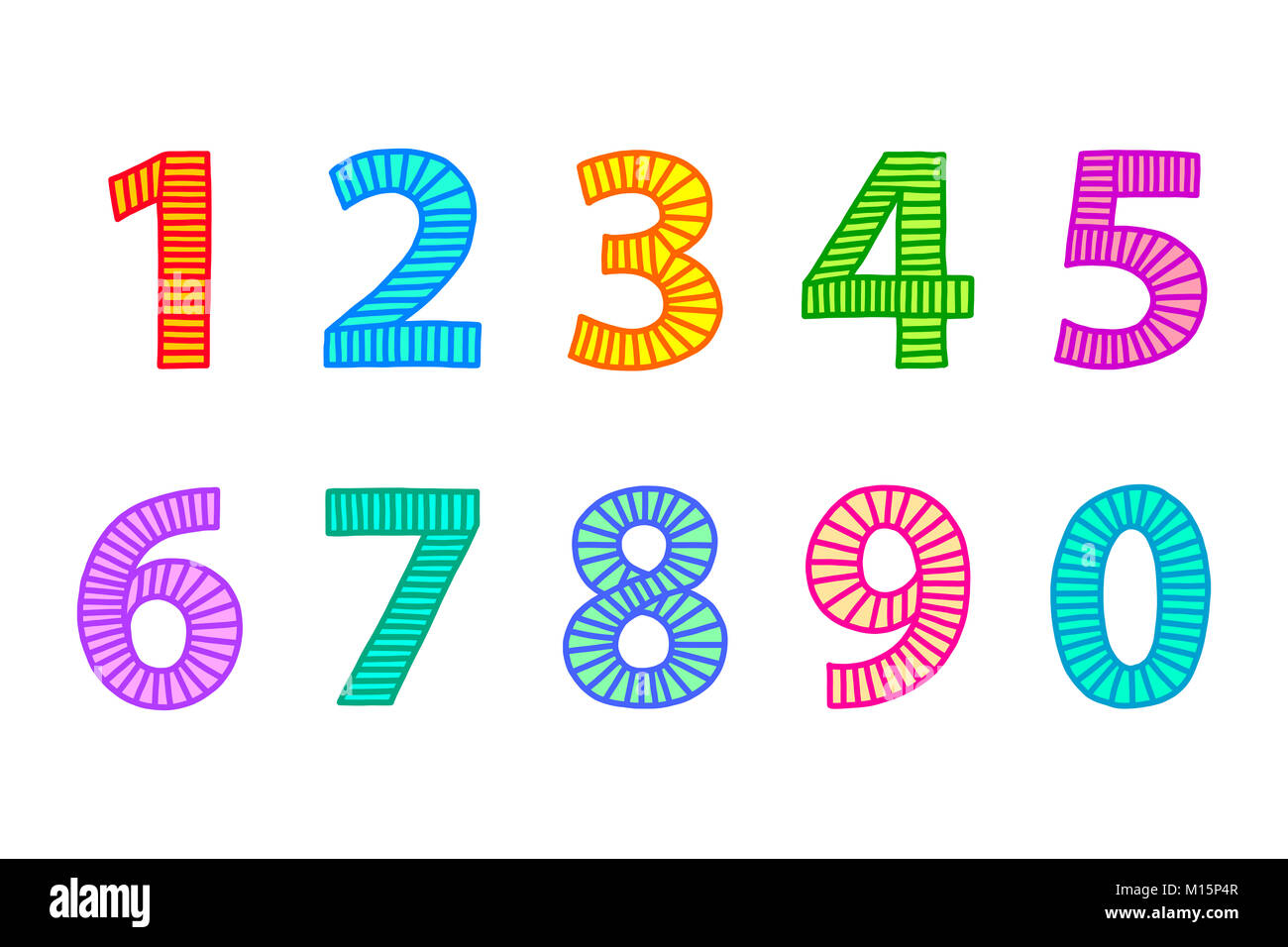 Mehrfarbige freehand Zahlen von eins bis null gezogen. Konturen mit Linien in gleichmäßigen Abständen, die ausgefüllt und mit passenden hellen Farben. Abbildung. Stockfoto