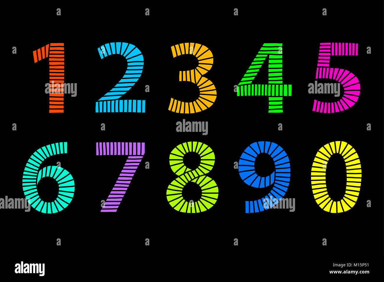 Mehrfarbige hand gezogenen Zahlen aus Linien in gleichmäßigen Abständen. Von eins bis null in aufeinander abgestimmten Farben. Abbildung. Auf schwarz isoliert. Stockfoto