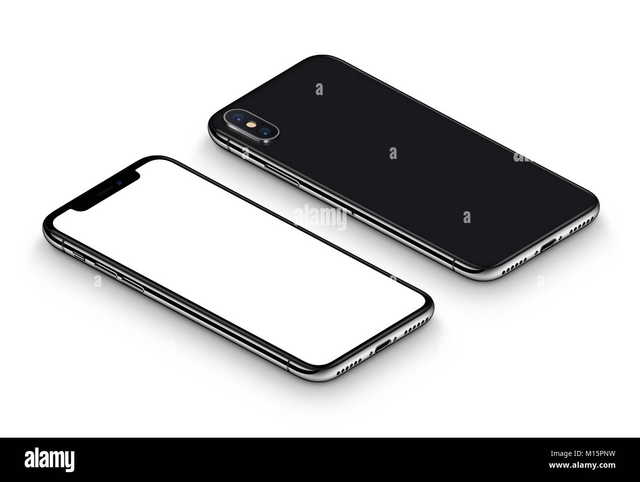 Ähnlich wie das iPhone X Perspektive BlackBerry-Smartphone mockup Vorder- und Rückseite GEGEN DEN UHRZEIGERSINN gedreht liegen auf der Oberfläche. Stockfoto