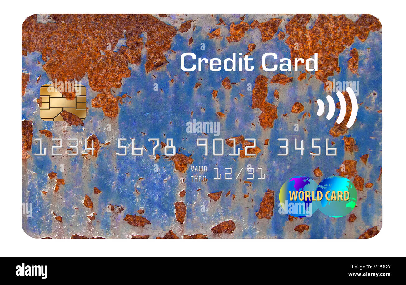 Alten rostigen, getragen aus Kreditkarte auf weißem Hintergrund Stockfoto