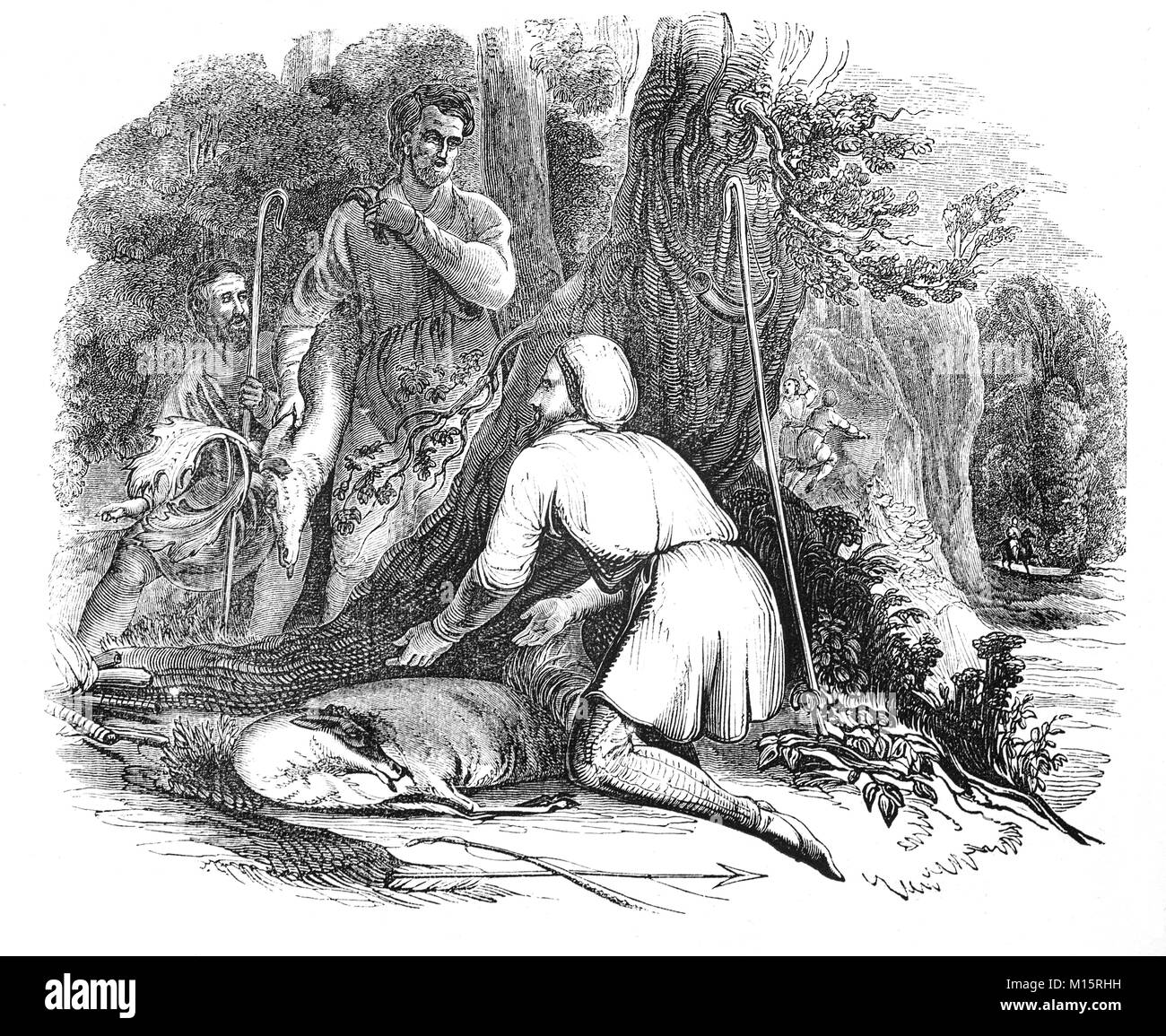 Will Scarlet und ein Buck, getötet, während die Jagd des Königs Rotwild im 14. Jahrhundert Sherwood Forest, in Nottinghamshire, England. Stockfoto
