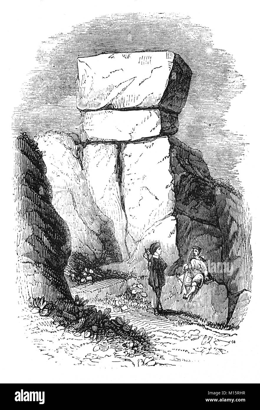Robin Hood's Stride, ein spektakuläres Tor von gritstone Felsen thront auf einem Bergrücken zwischen Harthill Moor und der Alport-Winster Straße. Die Legende besagt, dass Robin zwischen dem Turm schreitet - wie Steine an einem Ende der Tor während des 14. Jahrhunderts. Eine alternative lokale Name ist 'Mock Beggar's Hall', Derbyshire Peak District, England. Stockfoto