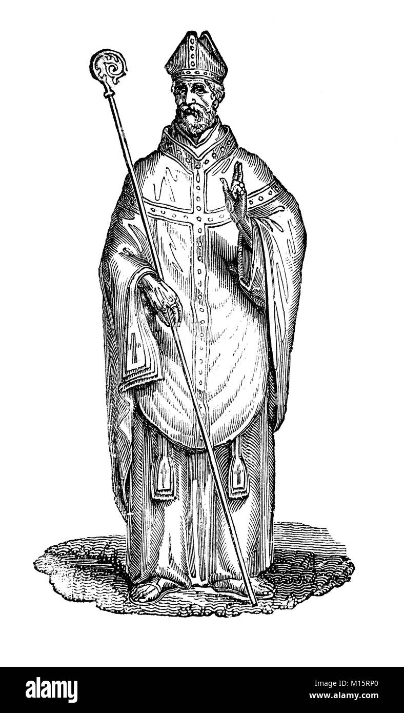 14. Jahrhundert Orden in England, ein Bischof mit dem Personal und den Hut. Stockfoto