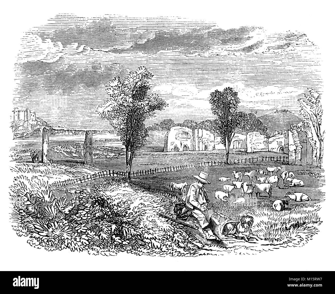 Hirt und Herde in der Nähe von Lewes Priory, gegründet von William de Warenne, 1st Earl of Surrey und seine Frau Gundrada, voraussichtlich in 1081, ist einer abgerissenen mittelalterlichen Cluniazensischen Priorei in Southover, East Sussex im Vereinigten Königreich Stockfoto