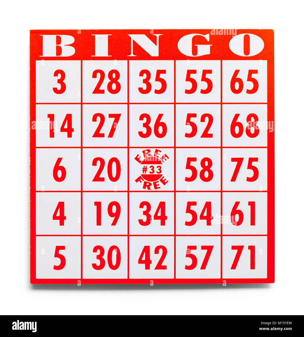 Red Bingo Card isoliert auf einem weißen Hintergrund. Stockfoto
