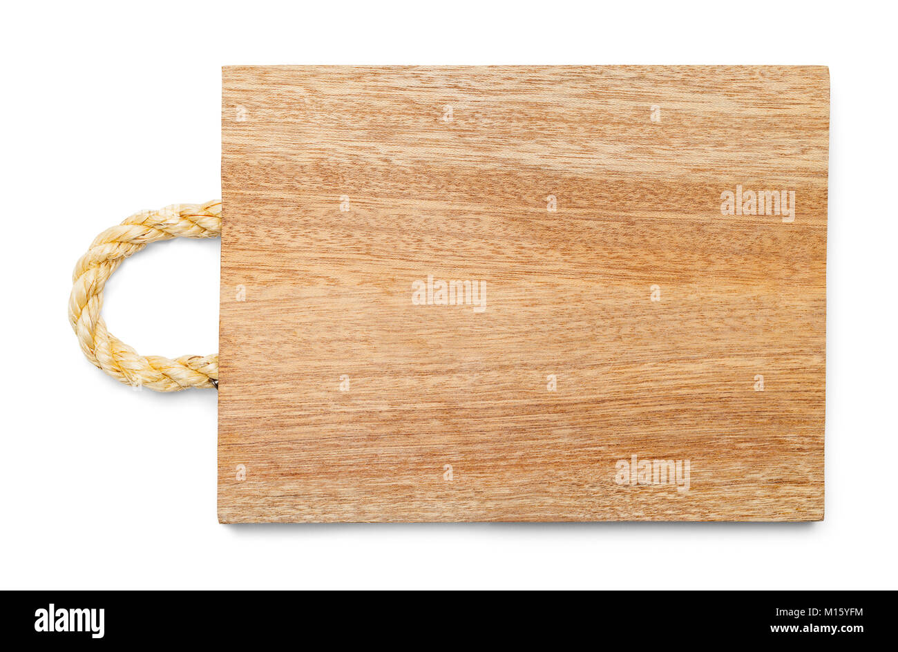Holz Schneidebrett mit einem Seil Griff isoliert auf einem weißen Hintergrund. Stockfoto