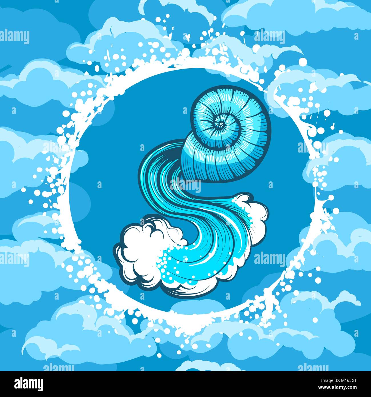 Seashell mit Wasser in der Luft kreisen. Zodiac symbol Aquarius auf den Hintergrund. Vector Illustration. Stock Vektor