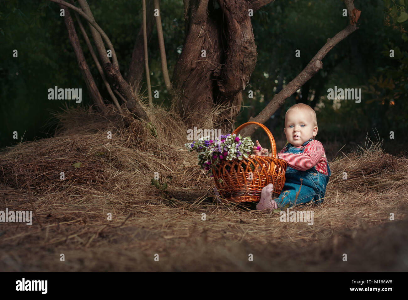 Süße kleine Mädchen sitzt in das Holz mit einem Korb mit Blumen. Stockfoto