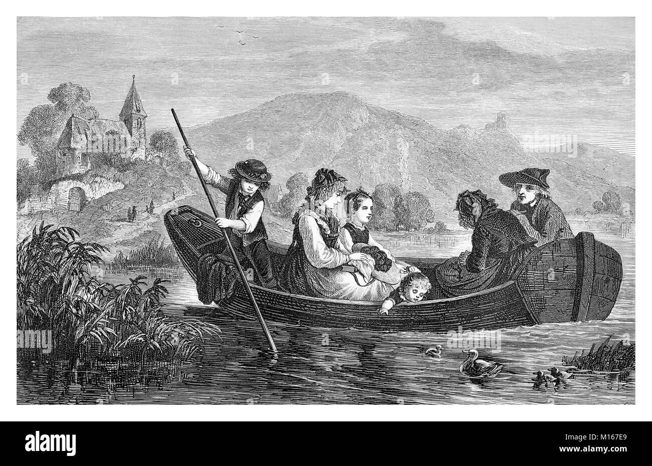 Sonntag Reise in Kirche, Familie in einem Boot Rudern auf dem See Gewässer, vintage Gravur Stockfoto