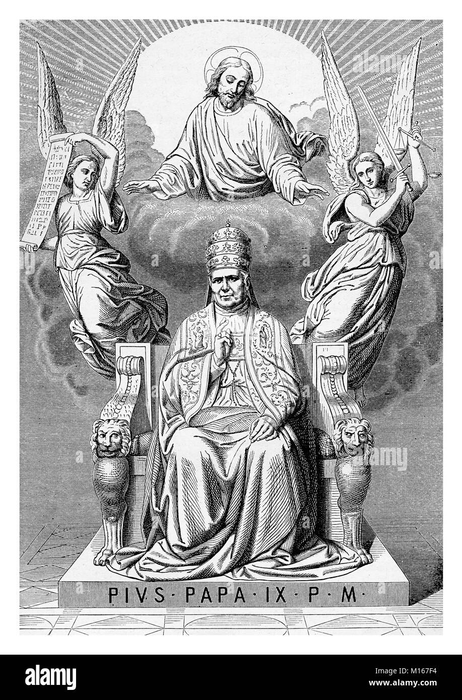 Allegorische Apotheose von Papst Pius IX. auf dem Thron, von Engeln und Jesus Christus, vintage Gravur umgeben Stockfoto
