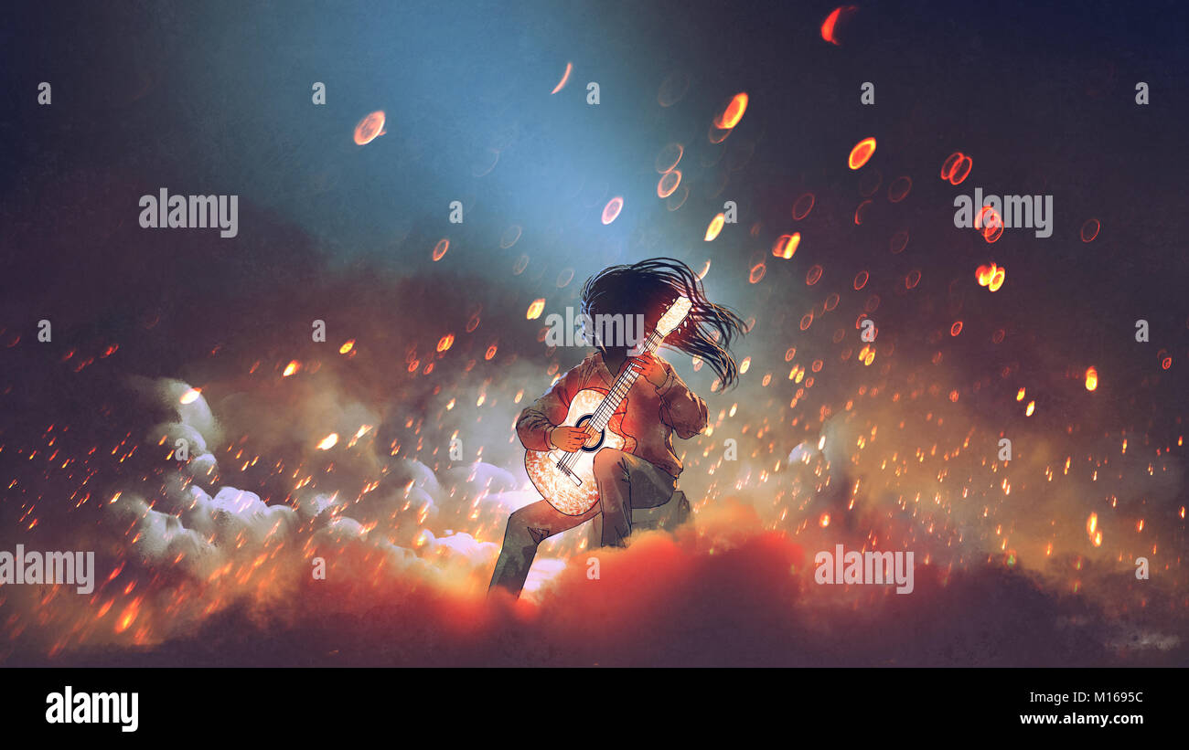 Geheimnisvolle Mann spielt die glühende Gitarre im Rauch, digital art Stil, Illustration Malerei Stockfoto