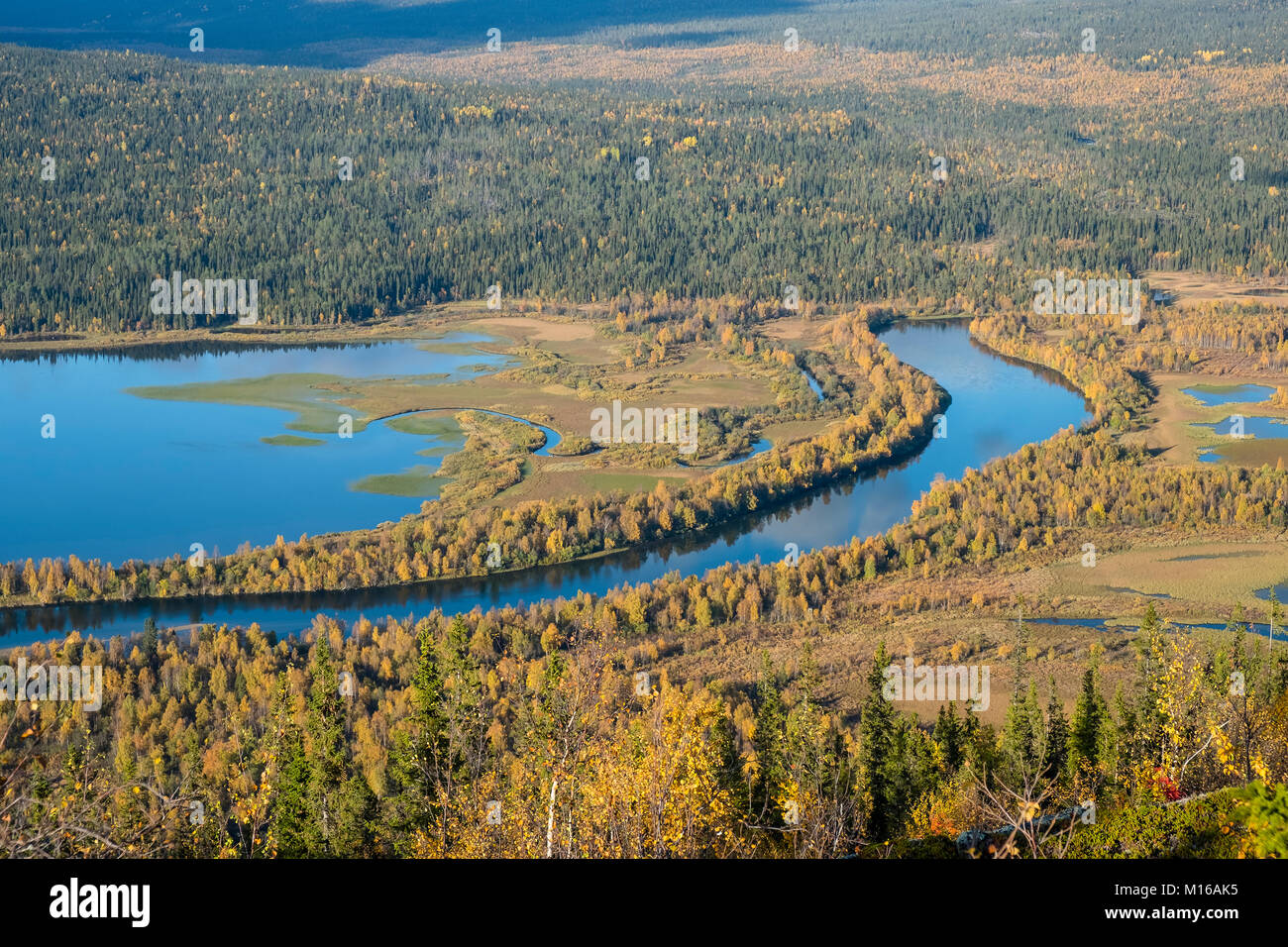 Flusslandschaft im Herbst, Blick vom Mount Nammasj Kvikkjokk, Delta, Fluss Tarraätno, Sarek Nationalpark, Norrbottens Stockfoto