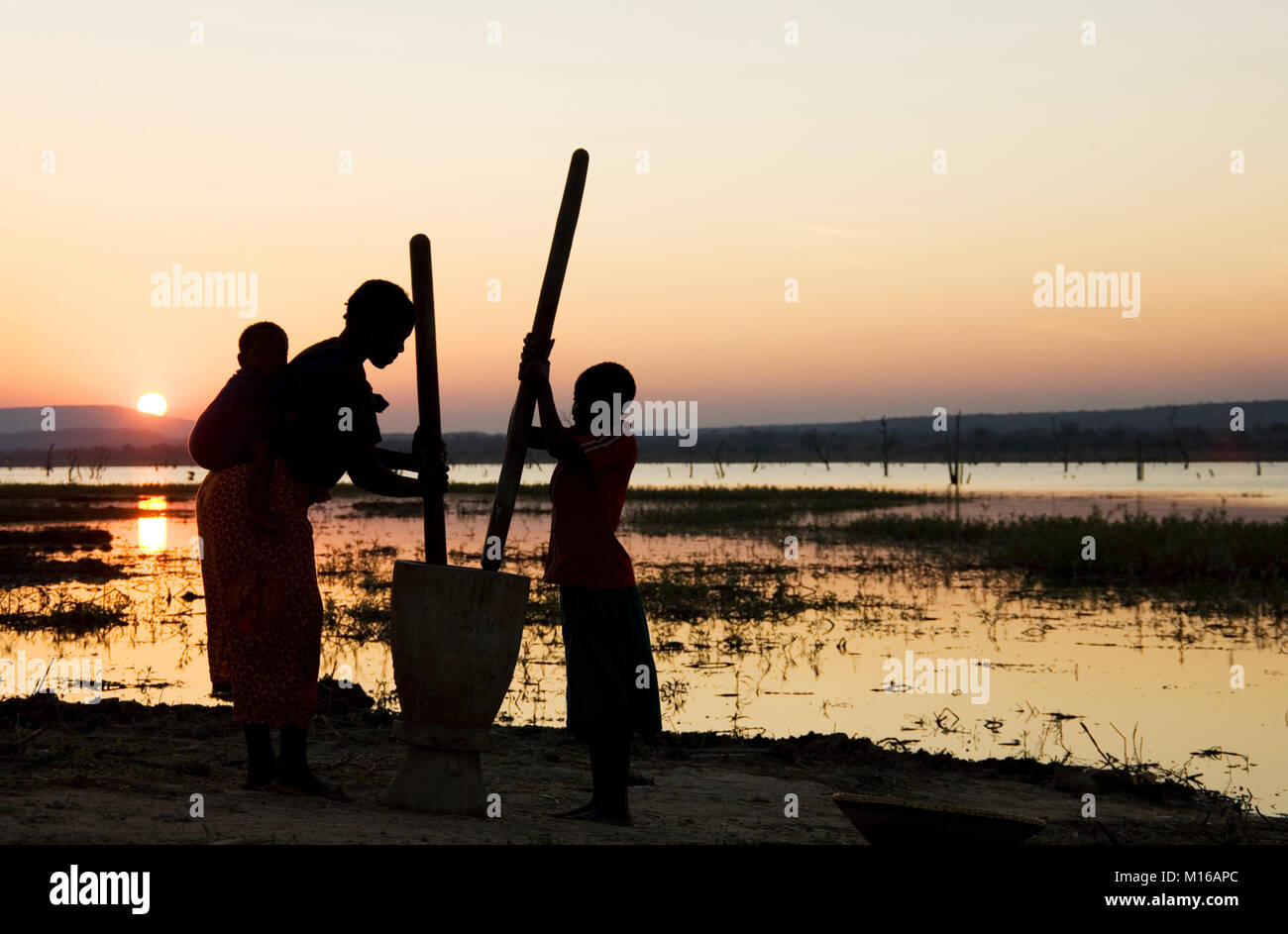 Tonga Frauen bei Sonnenuntergang, stampfende Korn am Ufer des Lake Kariba, Sambia Stockfoto